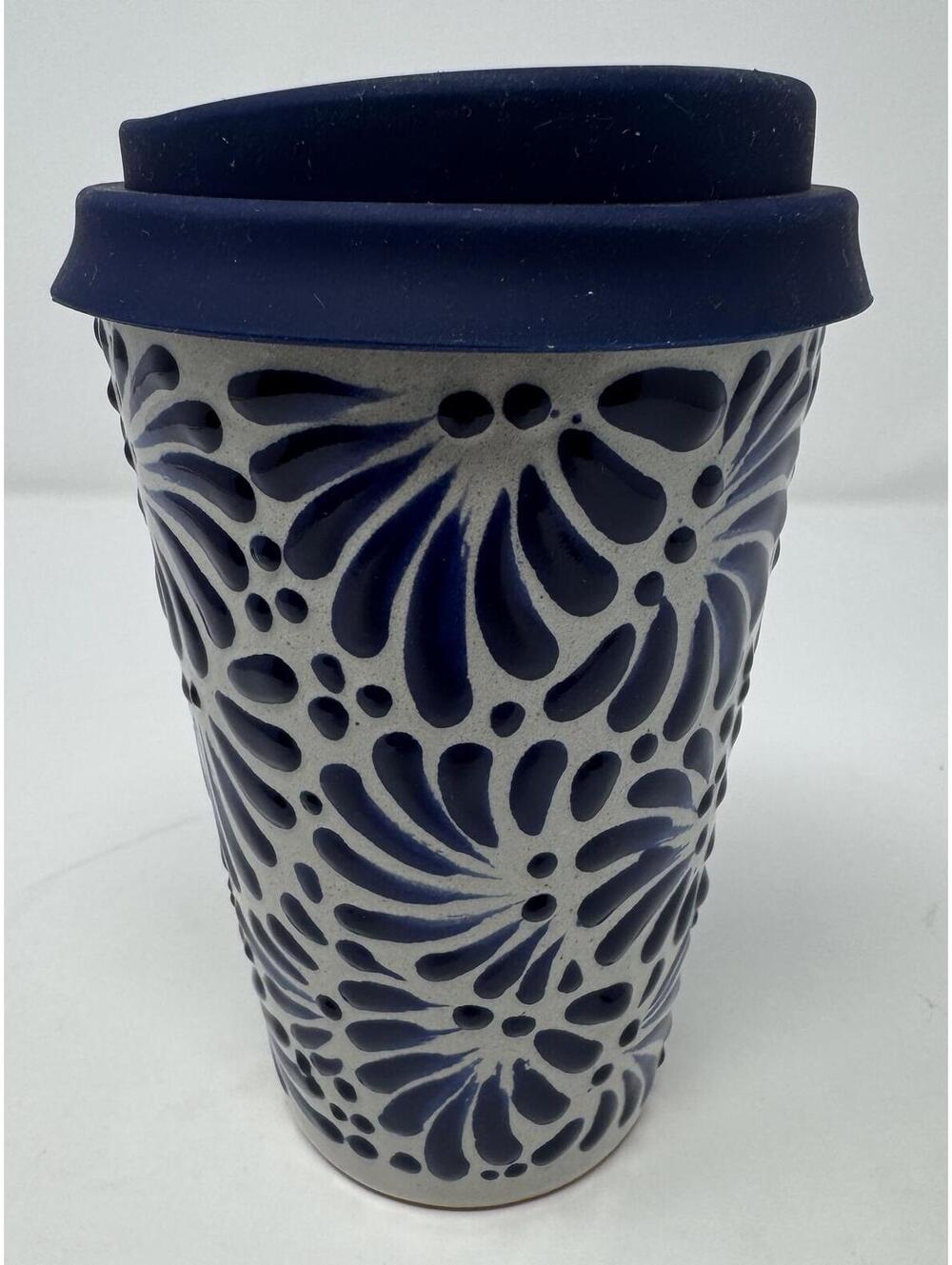 Genuine Talavera Tumbler Mug Ceramic TERMO Blue Hand-Painted Handmade Mexican